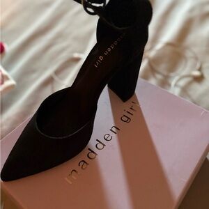 Madden Girl Black Pointed Block Heel with Ankle Strap